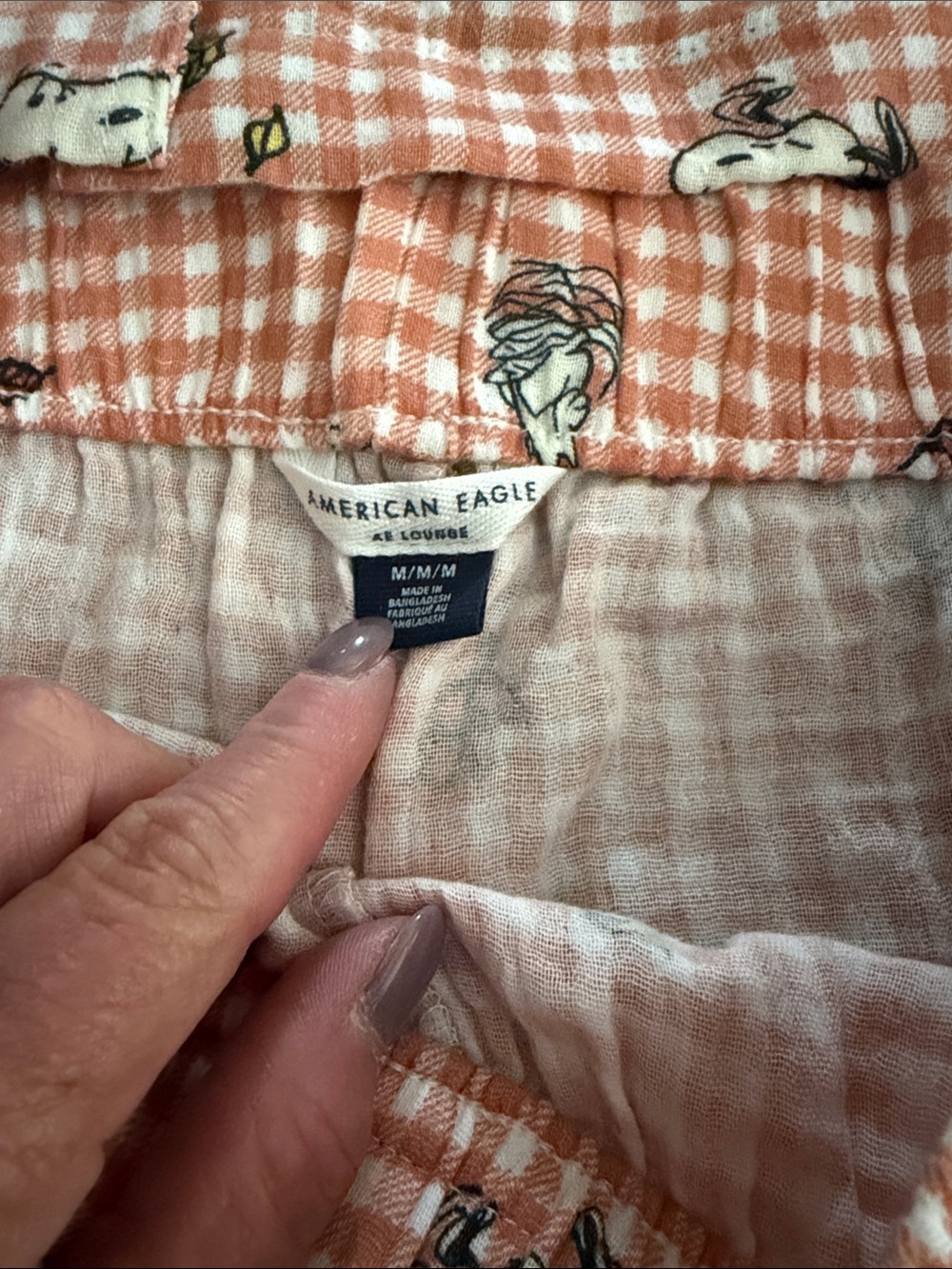 American Eagle Outfitters Peach Gingham Snoopy Pajama Set Sz M. New - Picture 3 of 5